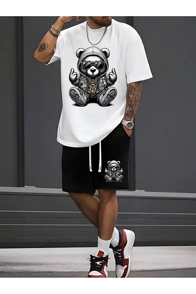 LAND MODA Steel Bear Printed Men's Short Sleeve T-Shirt and Waistband Shorts Set of 2, Casual Sports Regular Top