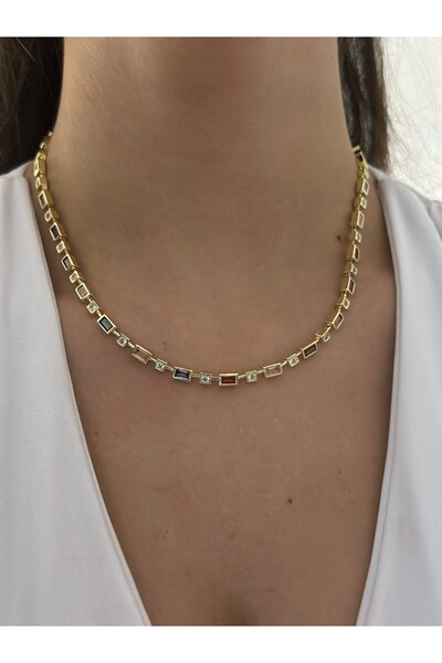 MyladyAccessoriess قلادة من الفولاذ بتفاصيل حجرية باجيت ملونة