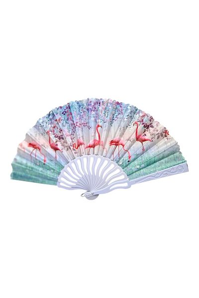OEM Evantai din plastic si material textil, pliabil, model flamingo, azuriu
