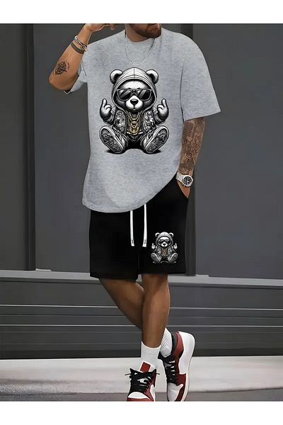 LAND MODA Steel Bear Printed Men's Short Sleeve T-Shirt and Waistband Shorts Set of 2, Casual Sports Regular Top