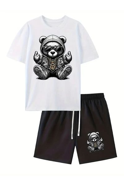 LAND MODA Steel Bear Printed Men's Short Sleeve T-Shirt and Waistband Shorts Set of 2, Casual Sports Regular Top