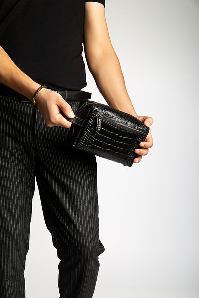 Niki Leather Чанта с цип David Black Crocodile от естествена кожа