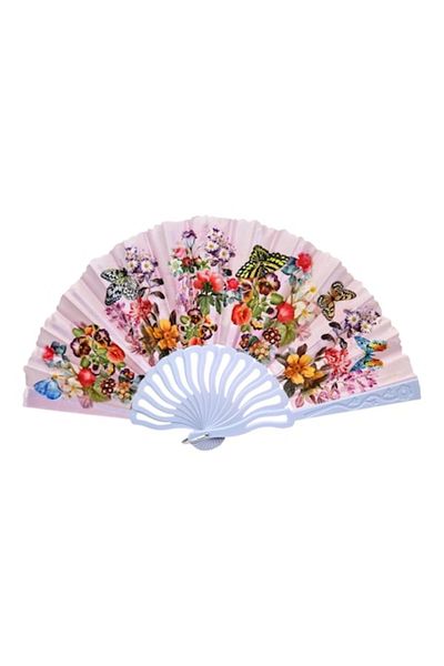 OEM Foldable plastic and textile fan, floral design, pink