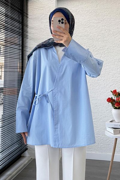 MELEK ARAZ Side Tie Shirt Collar Poplin Kimono - Blue