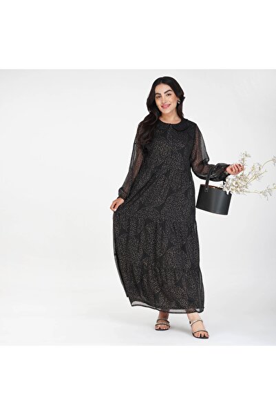 LINELLE فستان ماكسي أسود متعدد الطبقات – ياقة بيتر بان مصنوعة من مزيج البوليس...