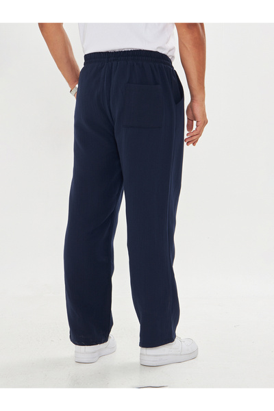 masso moda Erkek Baggy Müslin Keten Bel Bağcıklı Lastikli Düz Paça Pantolon