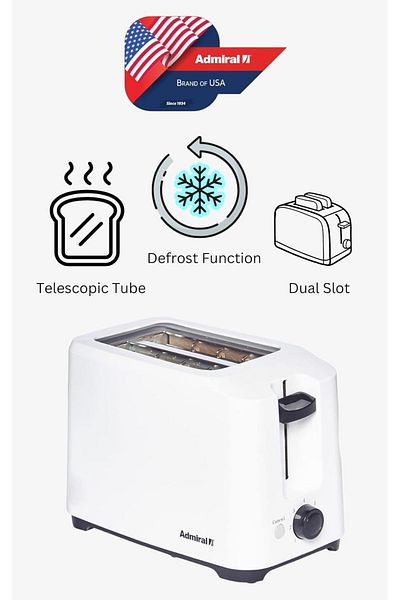 Admiral Toaster 2 Slice Bread with Adjustable Browning Control, Removable Crumb Tray for Easier Clea