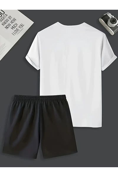 LAND MODA Summer Letter Printed Round Neck Short Sleeve T-Shirt and Shorts Set for Men, Outdoor Sportswear