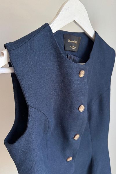 Sue Store Set de pantaloni din vestă plisată cu nasturi din lemn bleumarin