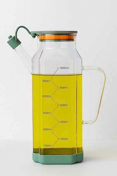 Jenisa Transparent Glass 1000 ml Oil Pot Jug Non-Spill & Non-Slip Silicone Based Oil Pot - Green