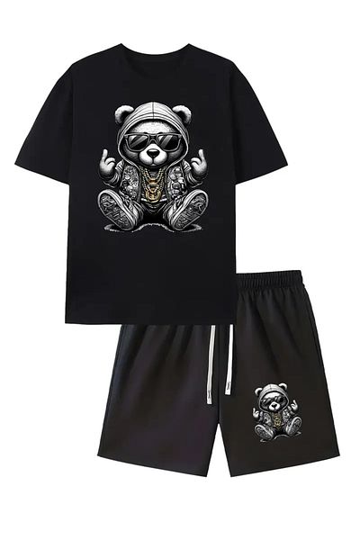 LAND MODA Steel Bear Printed Men's Short Sleeve T-Shirt and Waistband Shorts Set of 2, Casual Sports Regular Top