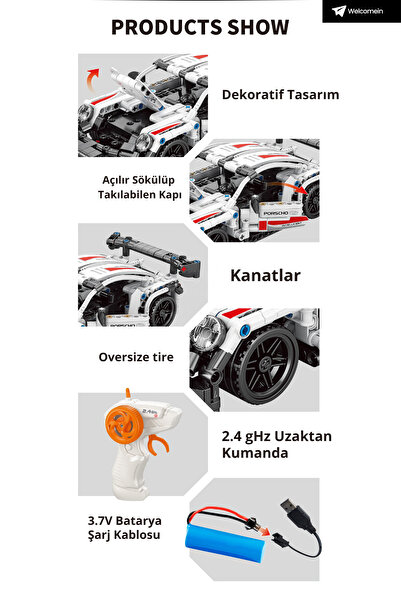 welcomein 1:16 430 Parça Porsche Model Lego Uyumlu Yapım Bloklu Uzaktan Kumandalı RC Araba +6 Yaş