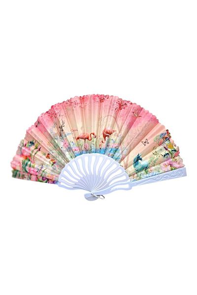 OEM Foldable fan made of plastic and textile, flamingo model, pink