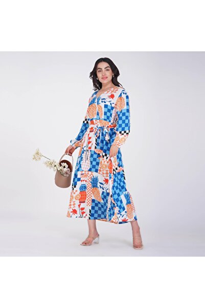LINELLE Rayon Colorful Patch Print- V-Neck Maxi Dress with Belted Waist, Avai...