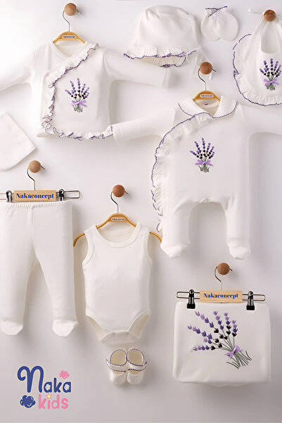 Baby Girl Hospital Exit Set of 10 – Lavender Embroidery, Ruffled, 100% Cotton, White