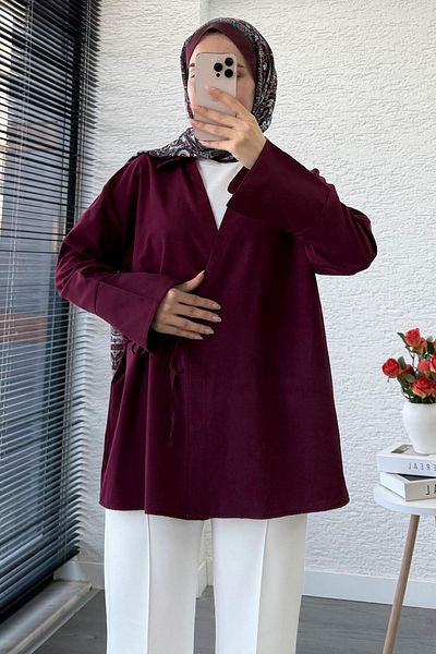 MELEK ARAZ Side Tie Shirt Collar Poplin Kimono - Burgundy