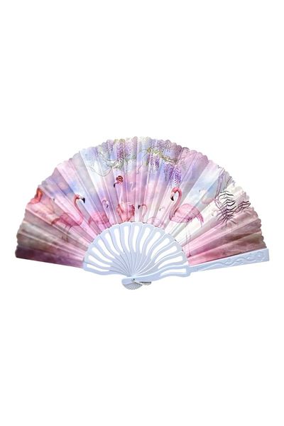 OEM Foldable fan made of plastic and textile, flamingo model, purple