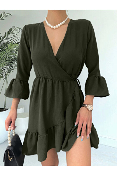 isez فستان آيروبين بتنورة وكشكشة وأكمام وخصر مطاطي - كاكي