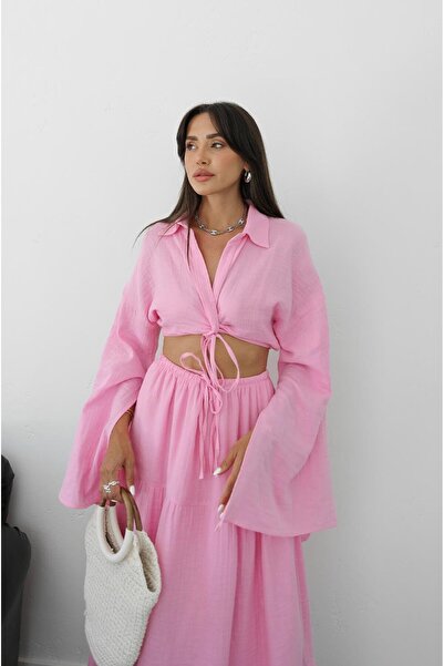 Havoş Pink Front Knot Detailed Blouse Skirt Set