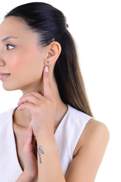 Söğütlü Silver Gümüş rodyumlu fuşya taşlı sıvama modeli kalp küpe SGTL12997FUSYA