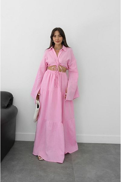 Havoş Pink Front Knot Detailed Blouse Skirt Set