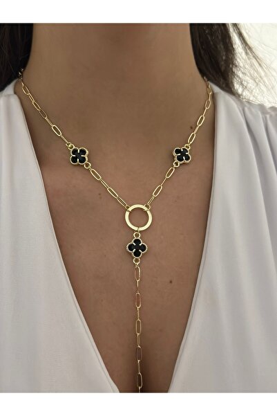 MyladyAccessoriess Siyah Yonca Detay Çelik Y kolye