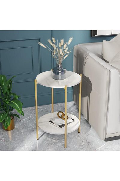 Türkiye 2 Tier Marble Coffee Table: Minimalist Nordic Style White Elegant Round Tables Tea Table Sturdy Gold
