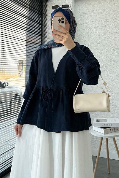 MELEK ARAZ Robadan Tie-Up Muslin Kimono – Navy Blue
