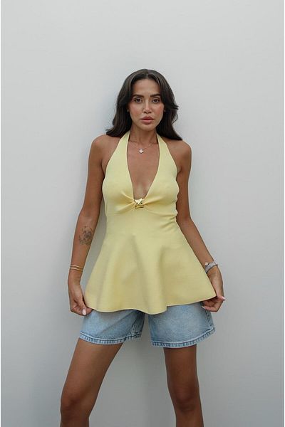 Havoş Yellow Metal Detailed Peplum Knitwear Blouse