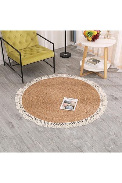 genric FFD 80cm Handwoven Round Jute Rug with White Tassels - Eco-Friendly Boho Chic Area Mat for Home