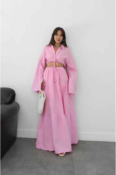 Havoş Pink Front Knot Detailed Blouse Skirt Set