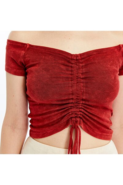 S-Ponder Women's Madonna Collar Gather Detailed 100% Knitted Viscose Crop Blouse