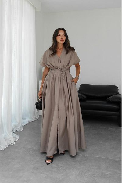 Havoş Mink Waist Tie V-Neck Dress