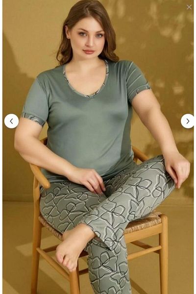 RAPAPA Seamlife Women's 100% Cotton Viscose Fabric Green V-Neck Short Sleeve Battal Pajamas Set 9506