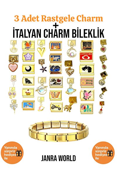 JANRA WORLD 3 Adet Rastgele Charm + İtalyan Charm Bileklik Seti | Sürpriz Hediye İle Birlikte