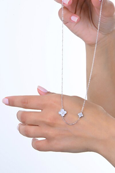Söğütlü Silver Gümüş rodyumlu zirkon ve taşlı double şans yonca kolye SGTL12967RODAJ