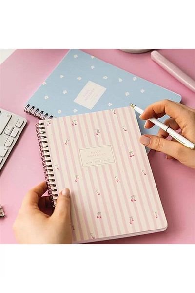 Mu Art Ahşap A5 Spiral Cardboard Cover Lined School Notebook 80 Sheets Set of 2 - with Lesson Schedule - Cherry