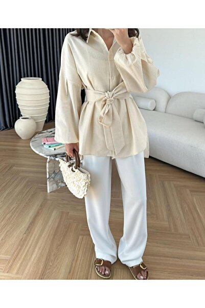 afran collection petek jakar bağlamalı naturel gömlek (arkası uzundur )