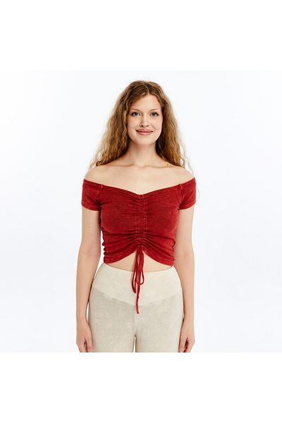 S-Ponder Women's Madonna Collar Gather Detailed 100% Knitted Viscose Crop Blouse