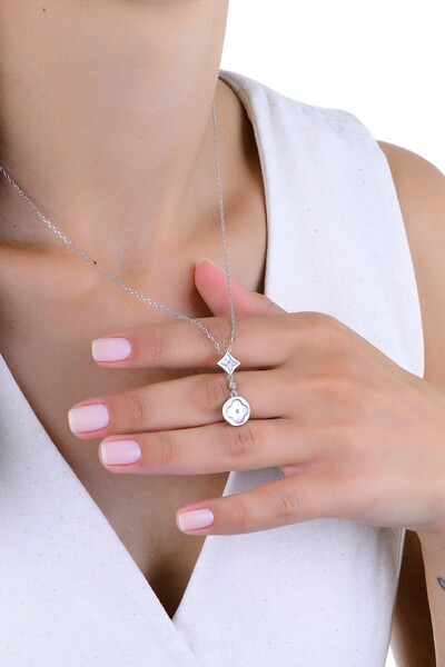 Söğütlü Silver Gümüş rodyumlu taşlı çifte zarafet yonca kolye SGTL12958RODAJ