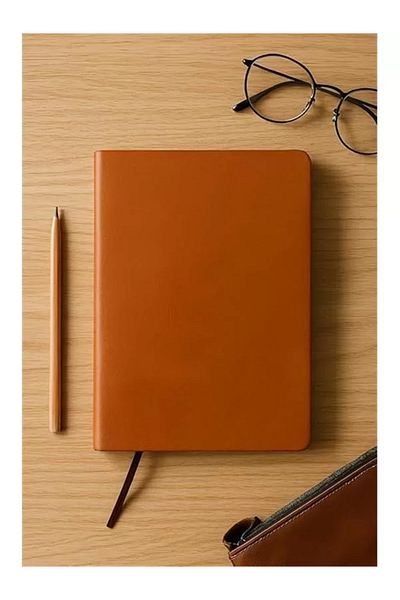 Mu Art Ahşap Unlined Notepad, Tan Thermo Leather Cover Notebook, 128 Sheets A5 Notebook, Office and