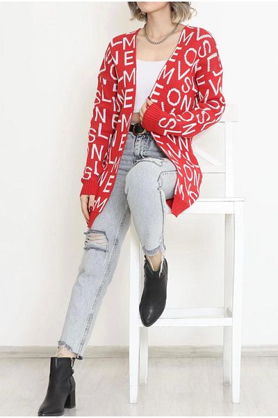 cacobutik Women's Letter Detailed Wool Pique Cardigan Red