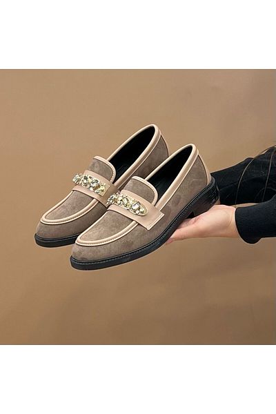 Craftique Dark Cream Suede Stylish Stone Detailed Women's Office School Daily Use Quality Moccasin Loafer Shoes