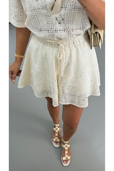 Sezgi Tekin Cream Lace Shorts with Elastic Waist and Lining Detail