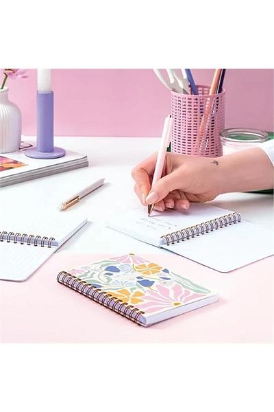 Mu Art Ahşap Pocket Size 10X14 cm Spiral Lined Cardboard Cover 3-Piece Notebook Set Daisy Butterfly Flowers