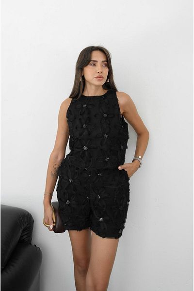 Havoş Black Three-Dimensional Floral Blouse Shorts Set