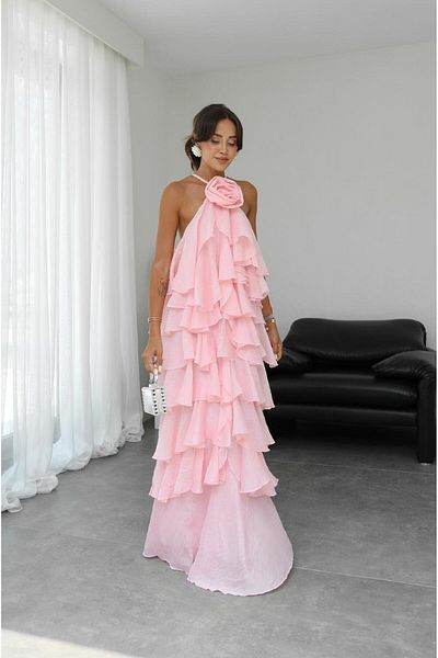 Havoş Pink Rose Detailed Layered Dress