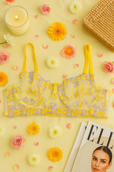 İntive Lingerie Κίτρινο λουλούδι κεντημένο διαφανές δαντελένιο σουτιέν & σετ κορδονιών