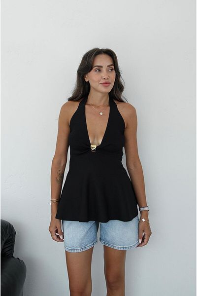 Havoş Black Metal Detailed Peplum Knitwear Blouse
