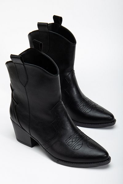 MS SUGAR SHOES Western Cowboy Γυναικείες κοντές μπότες από συνθετικό δέρμα μαύρο κεντημένο